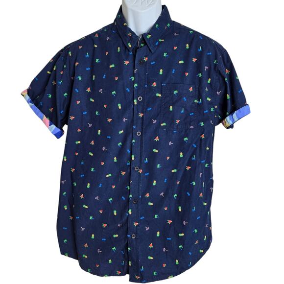 Eighth Avenue Mens Tropical Print Shirt XL Blue 100% Cotton Pineapple Palm Trees - Picture 2 of 8